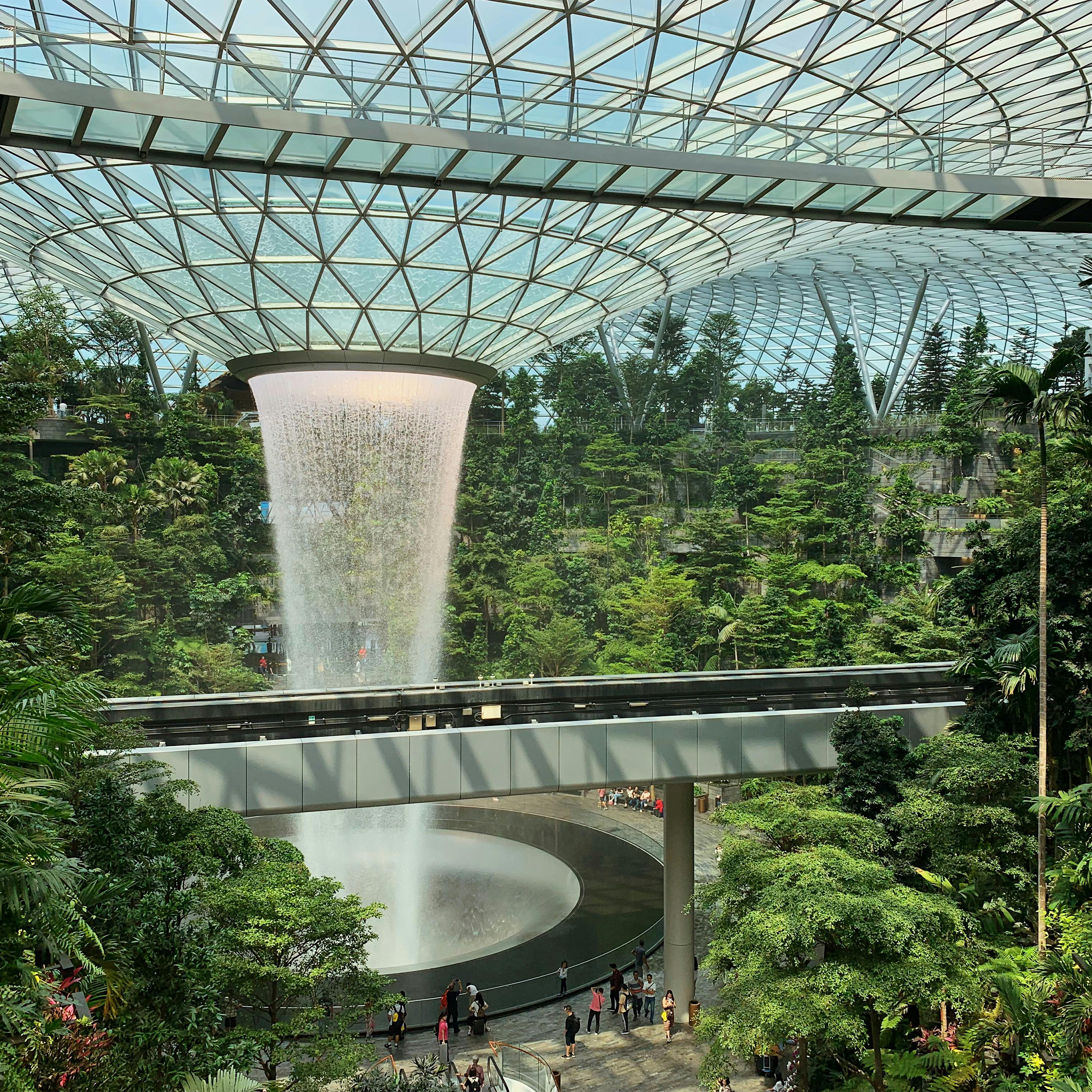 The interior waterfall of Jewel Changi Airport