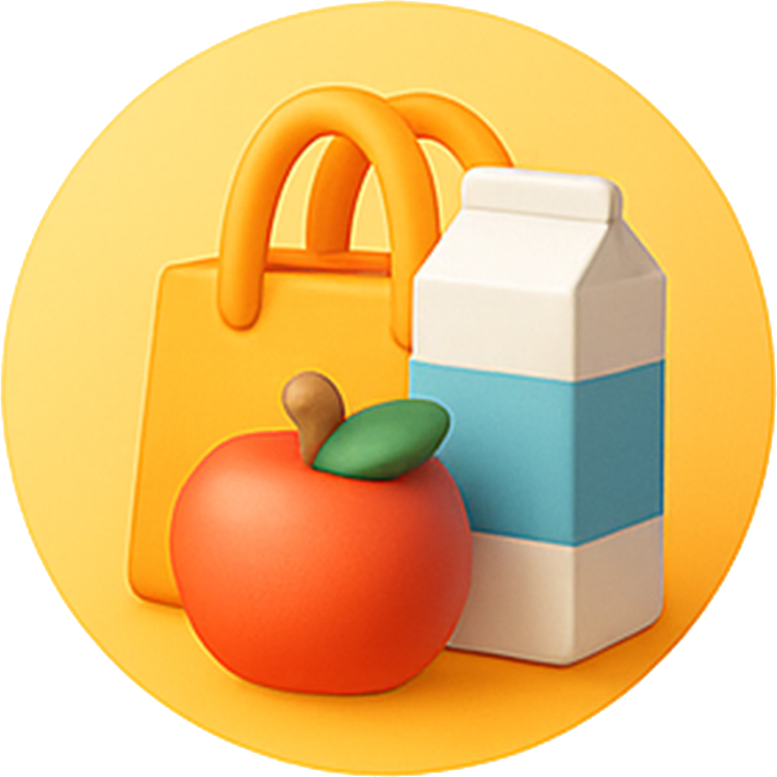 A shopping icon with a shopping bag, milk and apple
